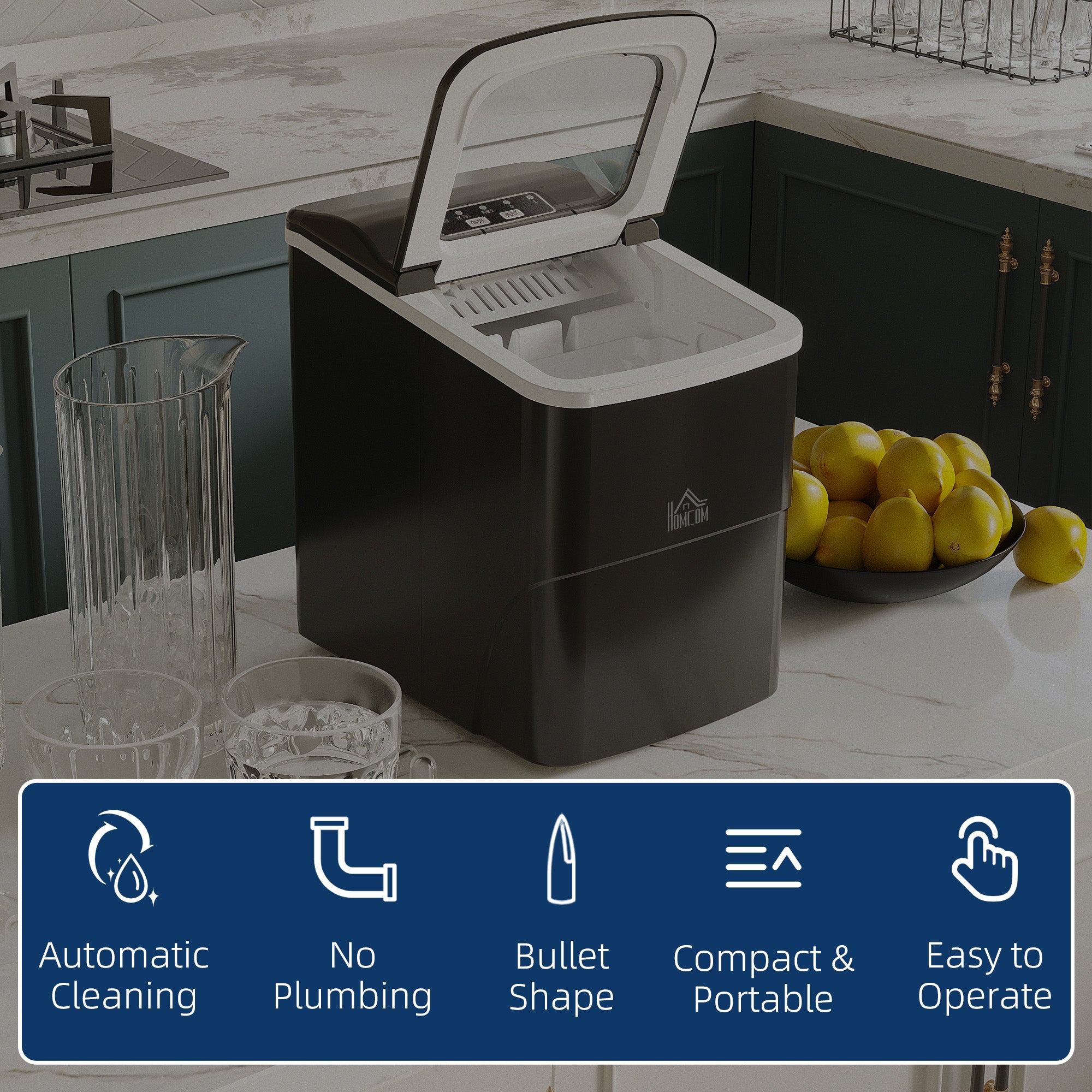HOMCOM Countertop Ice Machine, 12Kg in 24 Hrs, 9 Cubes Ready in 8 Mins, Portable Ice Cube Maker with Self-Cleaning, Ice Scoop and Basket for Home, Kitchen, No Plumbing Required, Black